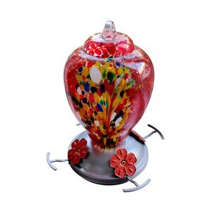 Hand Blown Glass Hummingbird Feeder Red Speckled Design & Metal Base NEW